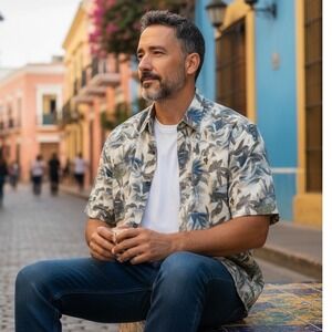 Hilo Hattie Mens‎ Hawaiian Shirt Cotton Lawn Tropical Leaf Blue Tan Short Sleeve